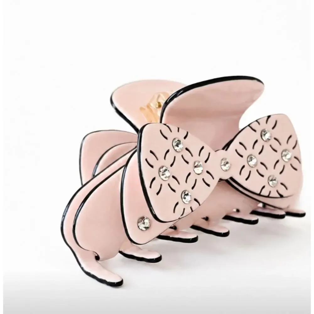 Acetate Pink Rhinestone Bow Hair Claw Clip New